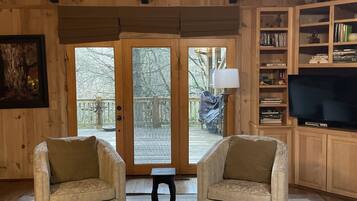 Smart TV, fireplace, DVD player, books