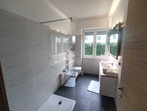 Shower, hair dryer, bidet, towels