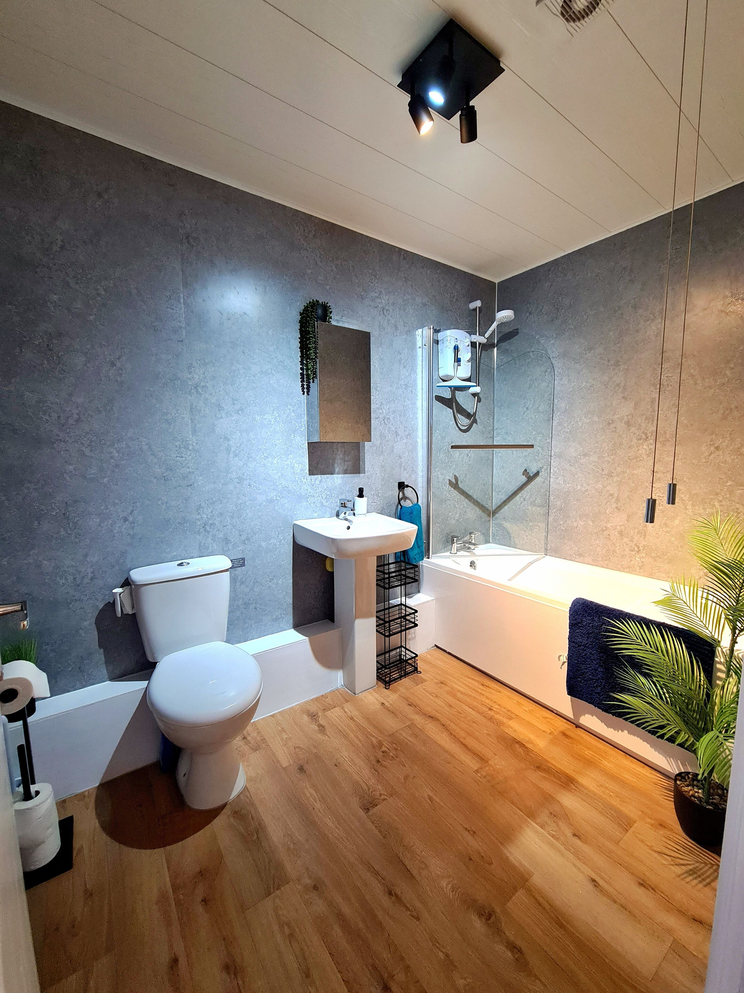 Hair dryer, towels, soap, shampoo