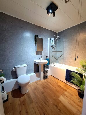 Hair dryer, towels, soap, shampoo