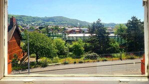 A view through a window of a street with a green fence, trees, and buildings in the background.
