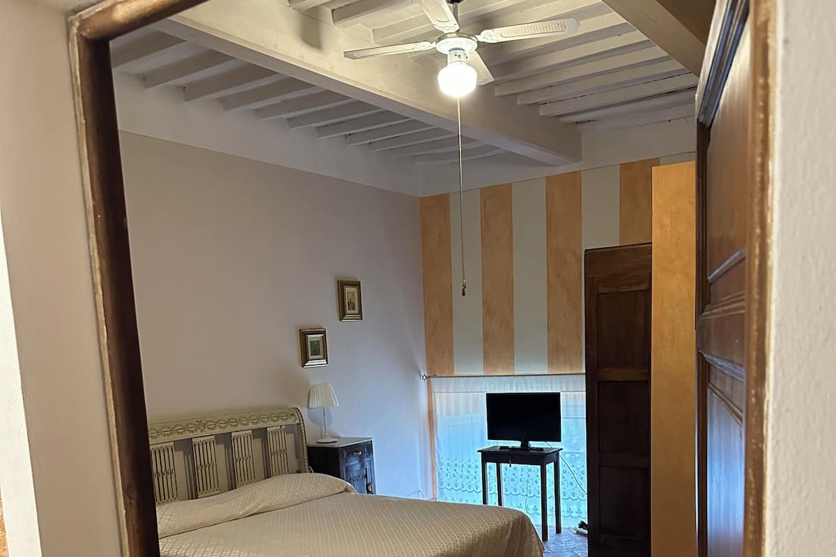 A bedroom with a bed, a ceiling fan, a TV, and a window with blinds.