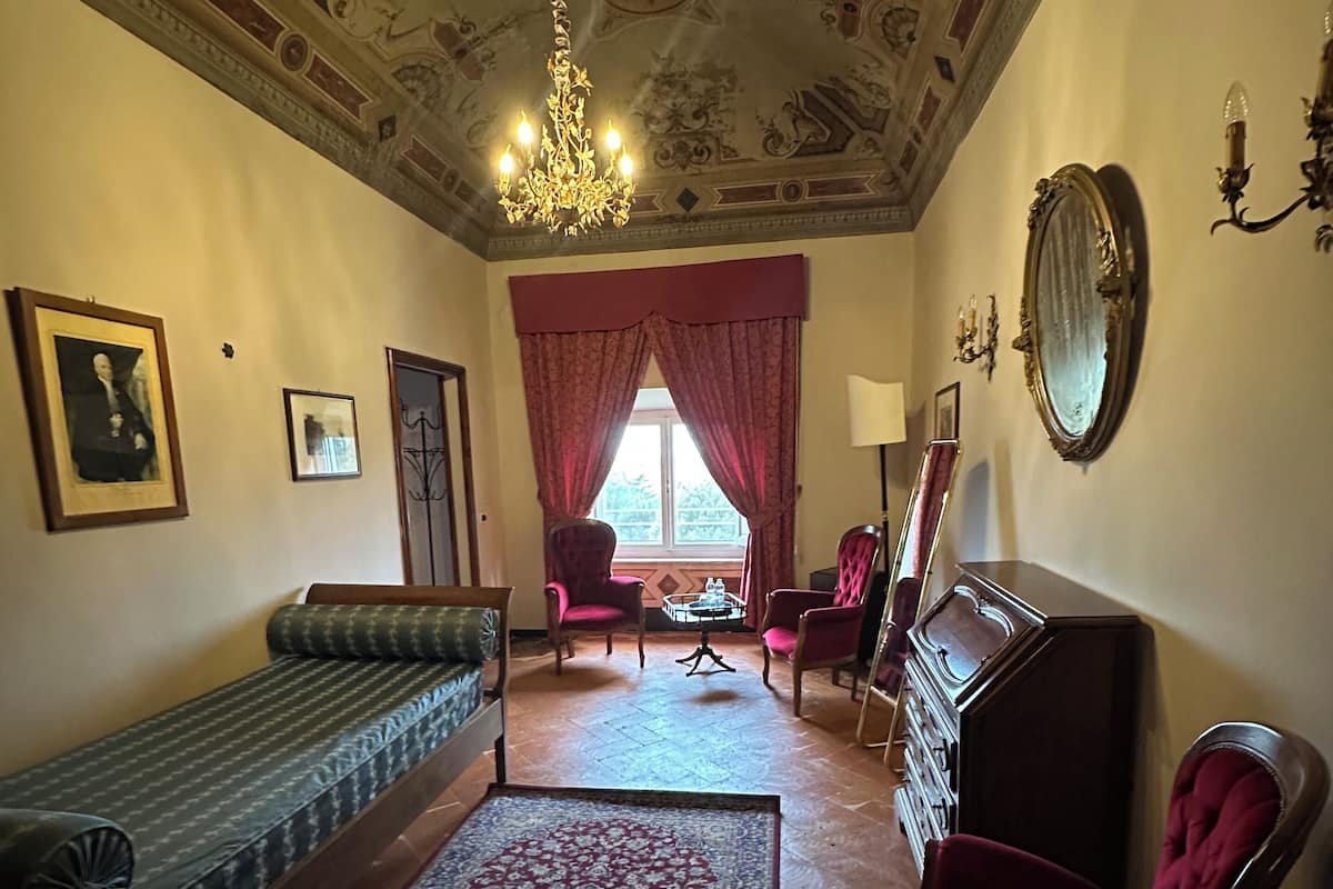 A room with a patterned rug, a sofa, a red armchair, a mirror, and a chandelier.