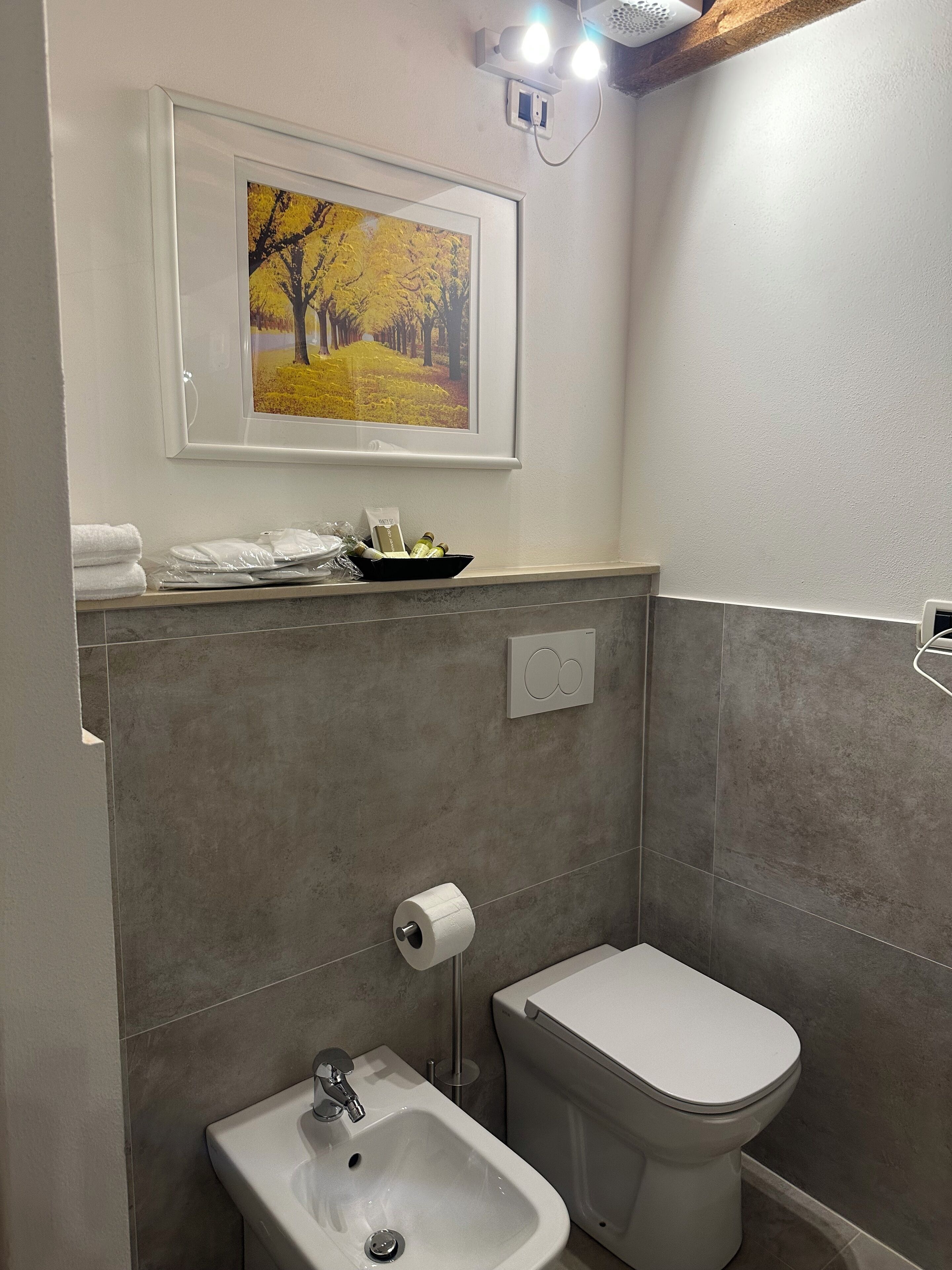 Une salle de bain comprenant des toilettes, un bidet, un lavabo, des œuvres d’art encadrées et une étagère avec des articles de toilette.