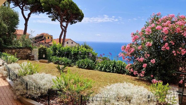 A landscaped garden with a view of the sea, featuring a variety of plants and a stone wall. - Panoramic garden on the sea, a corner of Liguria (Sant'Andrea di Rovereto)