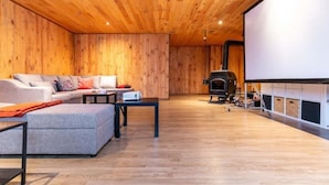 A cozy living room with a wooden ceiling, a fireplace, a sofa, and a television screen. - Chalet in a dark sky reserve (Val-Racine)