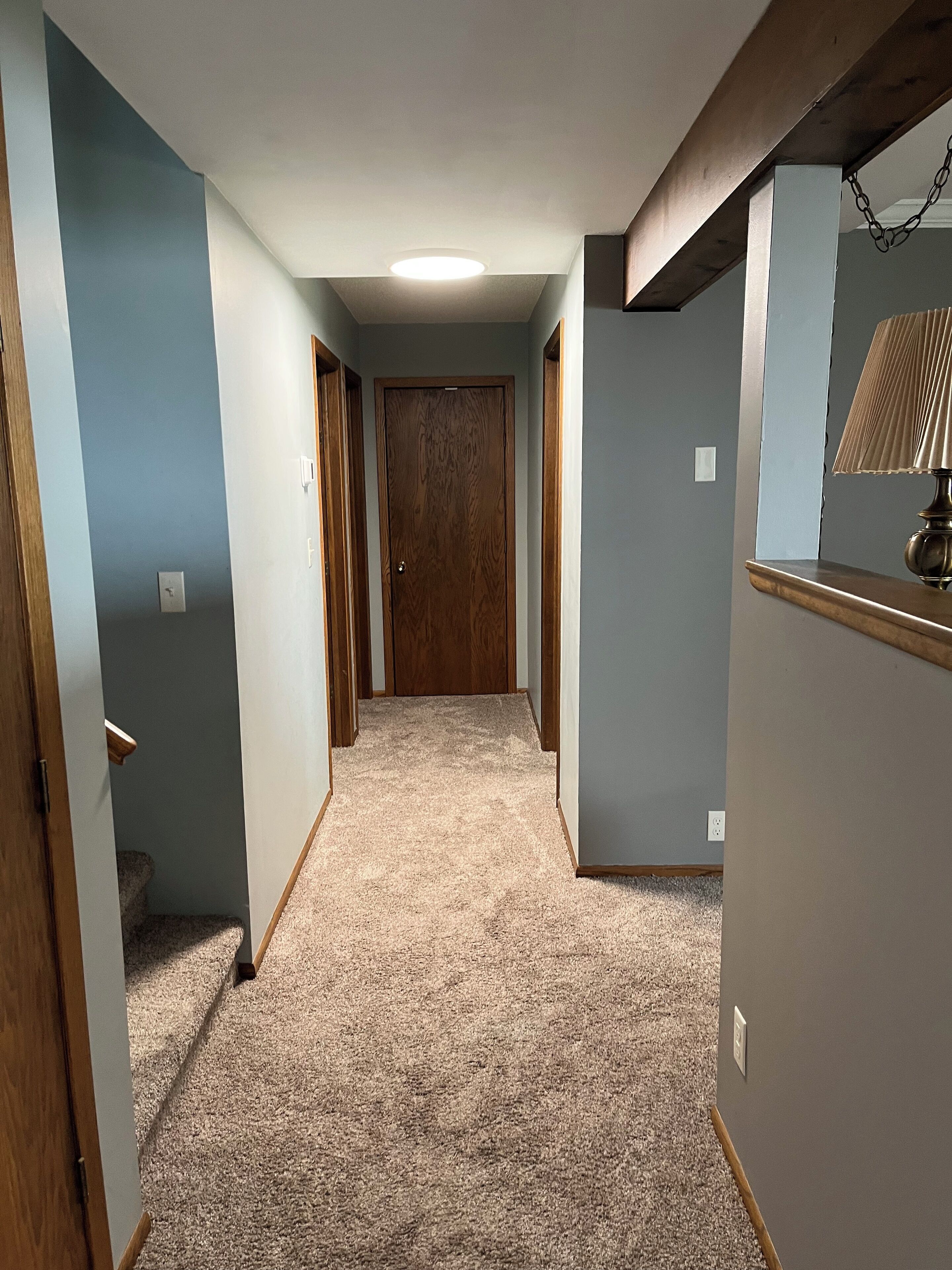 A hallway with carpeted floors, wooden doors, and light blue walls.