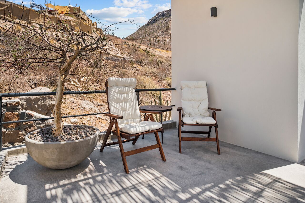 A balcony with two chairs and a large planter with a tree.