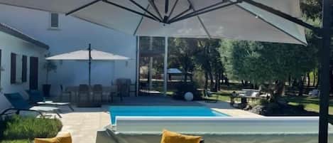 Seasonal outdoor pool, pool umbrellas, sun loungers