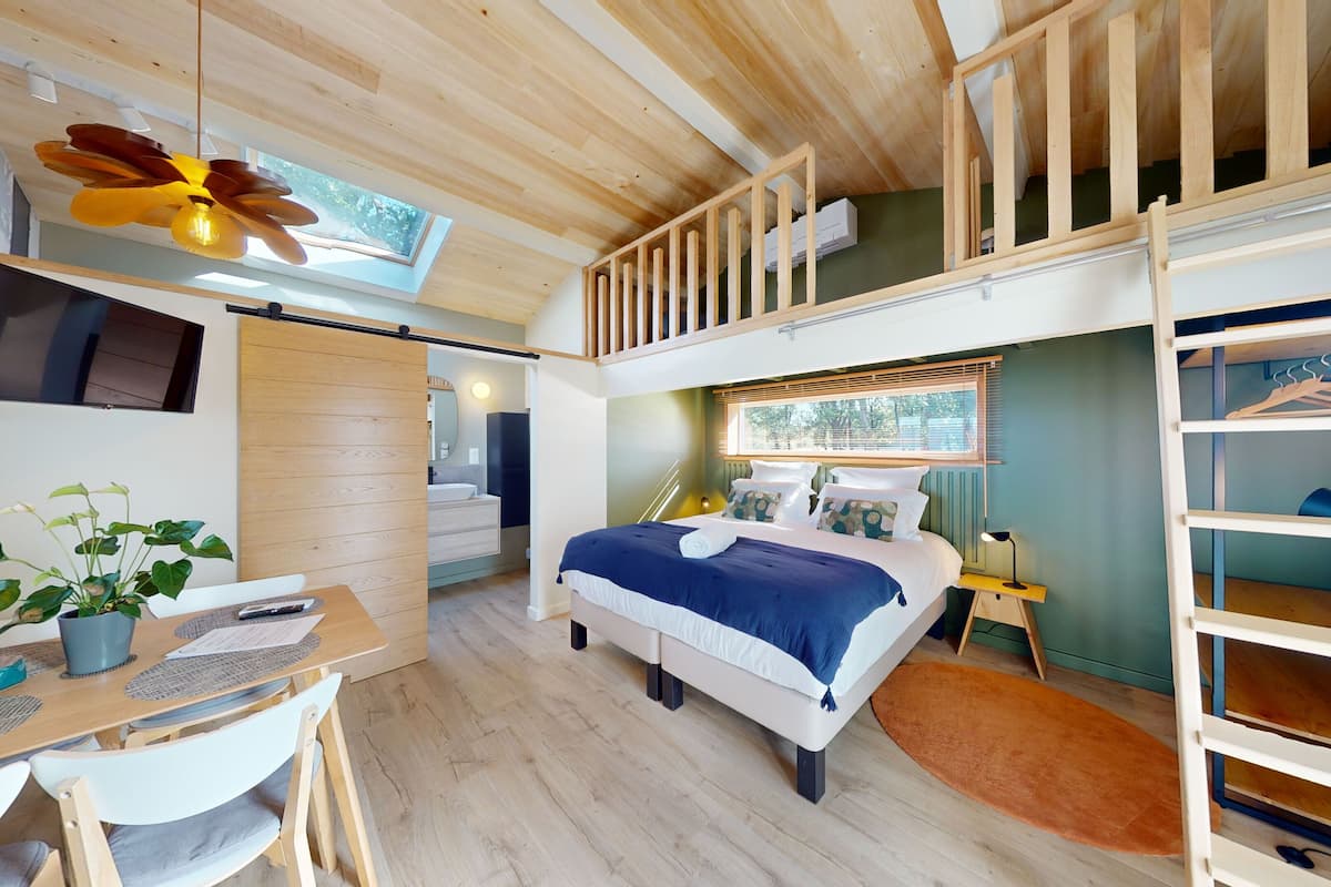 A compact, modern room with a bunk bed, a desk with a chair, a potted plant, and a window with blinds.