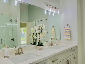 Shower, hair dryer, towels