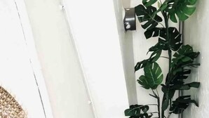 A small bathroom with a toilet, a plant, and a shower area. - Cosy Studio Saint Lazare (Paris)