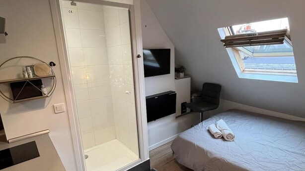 A compact bedroom with a skylight, a shower, a bed with towels, and a TV mounted on the wall. - Cosy Studio Saint Lazare (Paris)
