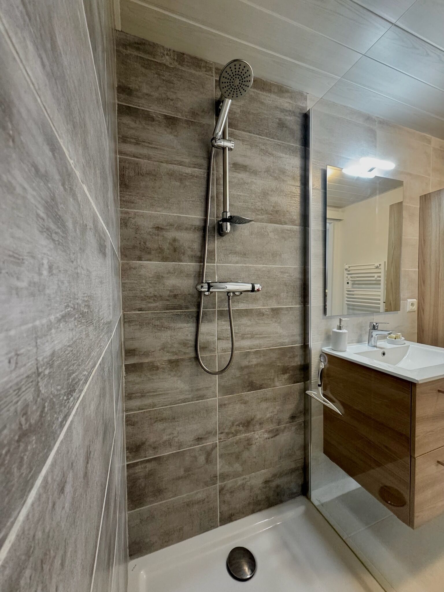 A modern bathroom with a shower, a sink, and a mirror.