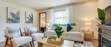 TV, fireplace, books