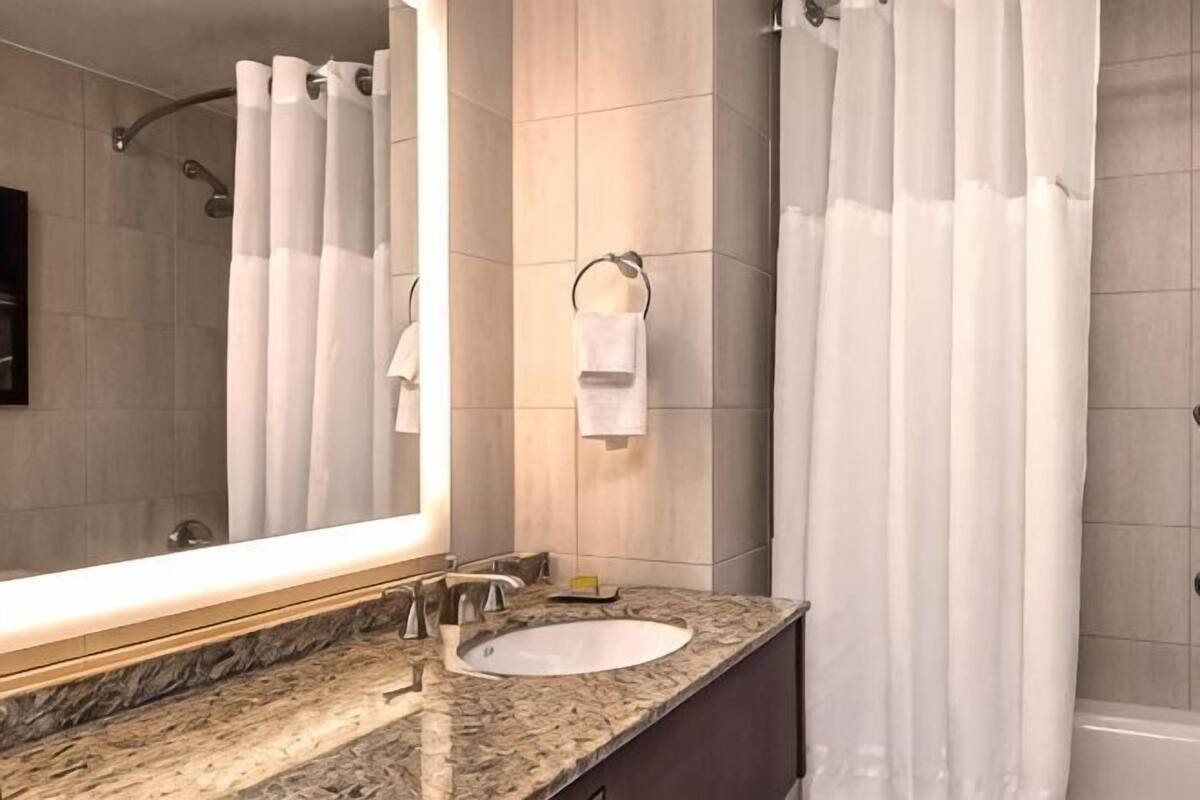 Une salle de bain avec un lavabo en marbre, un grand miroir, un porte-serviettes et un rideau de douche.