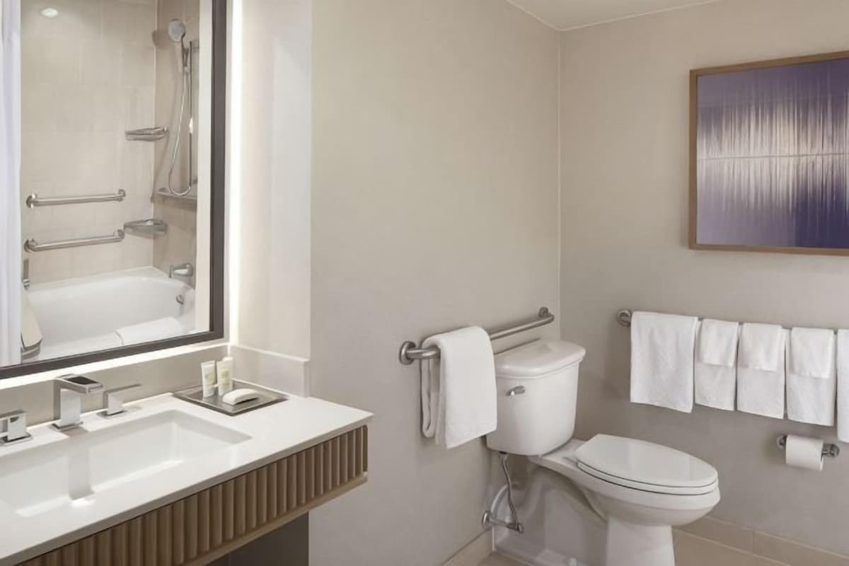 A modern bathroom with a large mirror, a bathtub, a toilet, and a towel rack.