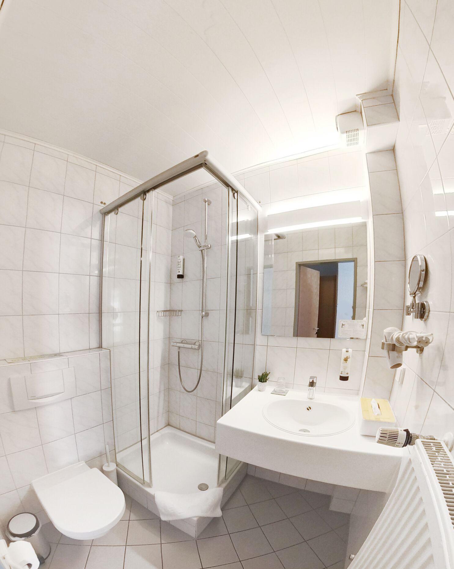 Une salle de bain moderne avec une douche à parois de verre, un lavabo blanc et des toilettes.