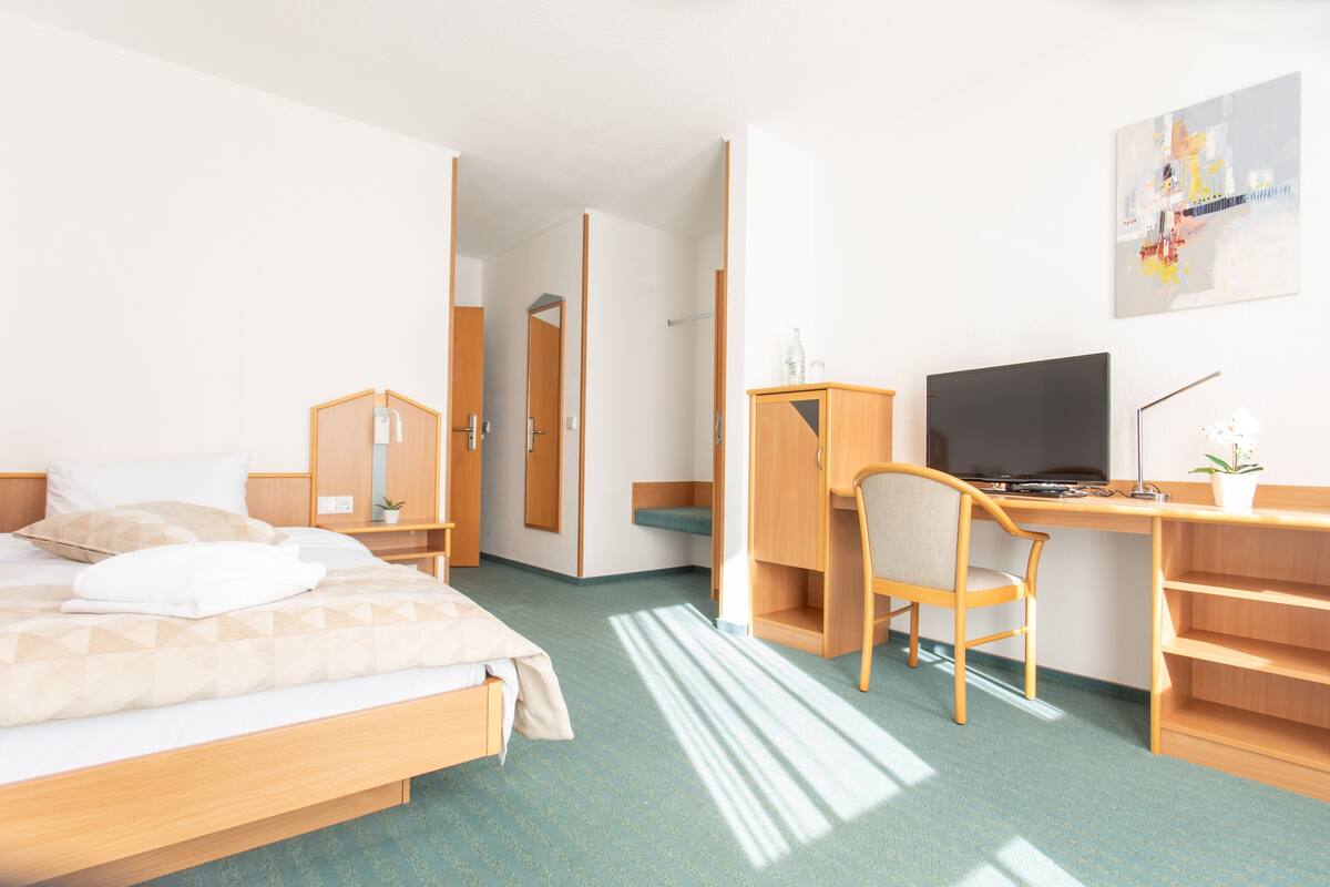 A hotel room with a bed, a desk with a chair, a television, and a small plant.