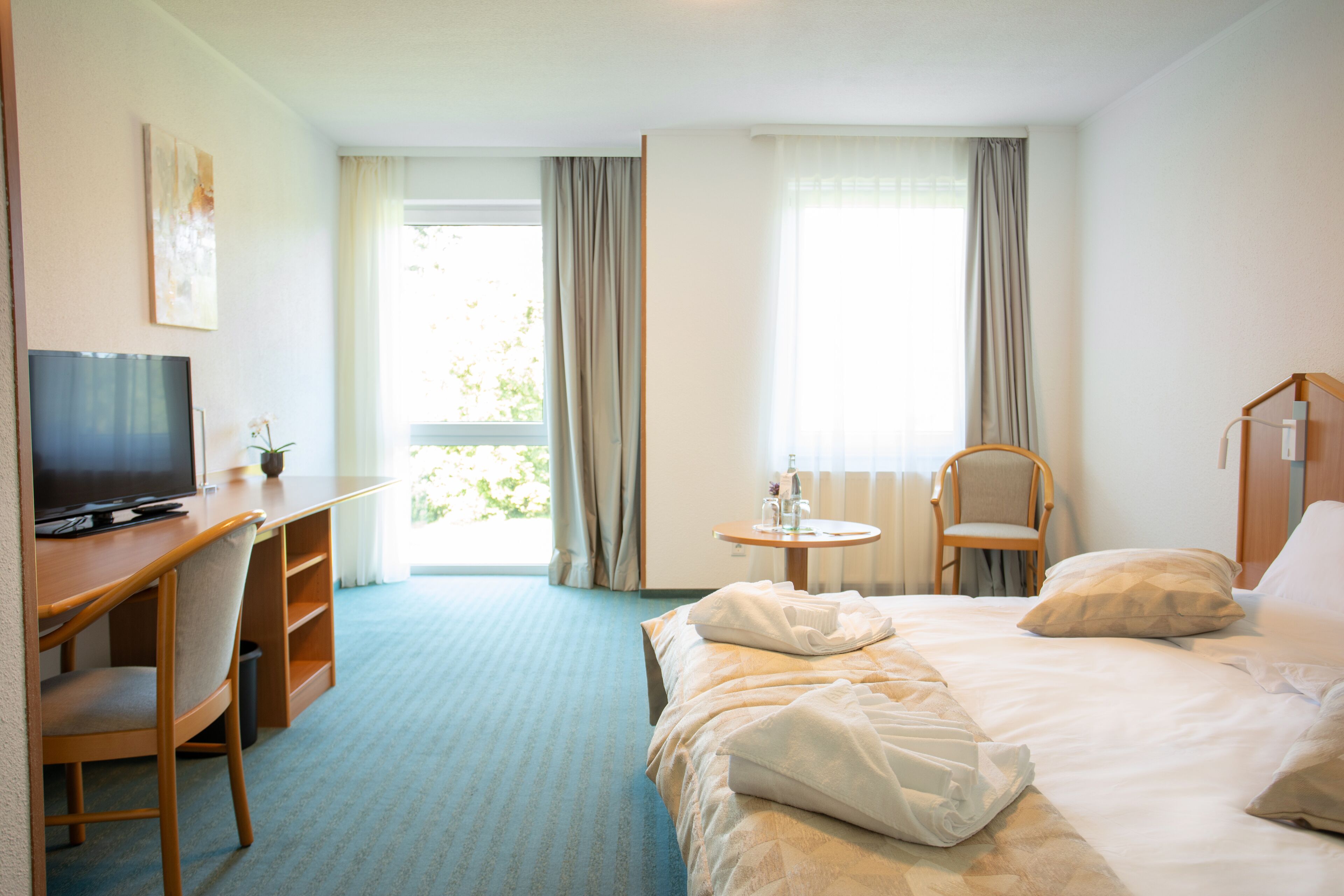 Een hotelkamer met een bed, een bureau met een televisie, een stoel en een kleine tafel met een plant.