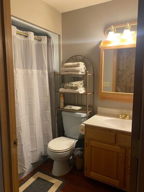 Une salle de bain équipée d’un WC, d’un lavabo, d’un miroir et d’une étagère avec des serviettes.