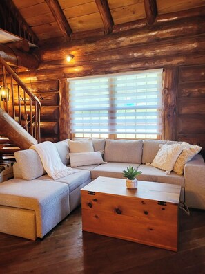 TV, fireplace - Le Féeria Chalet & Spa - Magnifique Chalet en Bois Rond sur le Bord de L'eau! (Entrelacs)