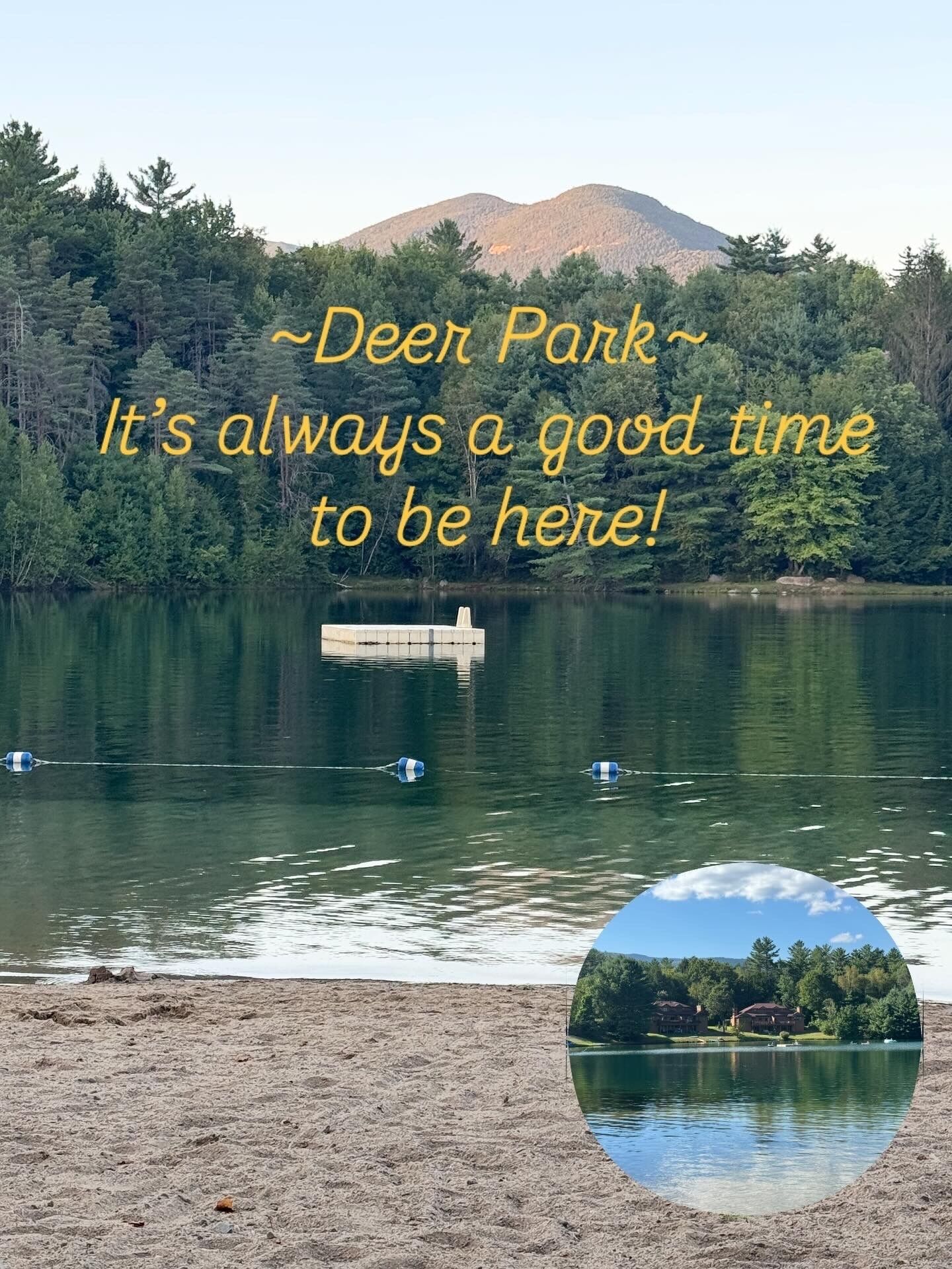 A serene lake with a forested mountain in the background and a sandy shore.