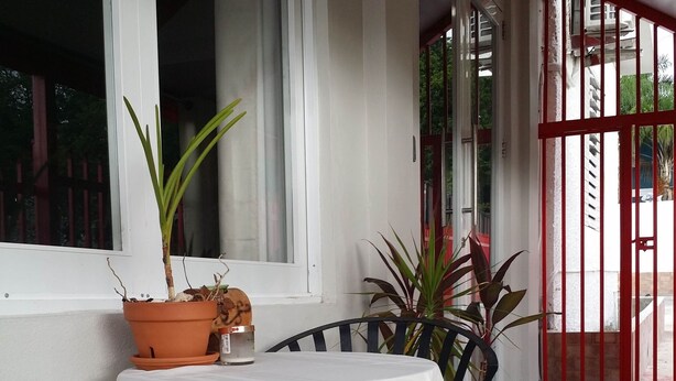 A covered outdoor seating area with a table and chairs, potted plants, and a red gate. - #4 Casa Galarza (Cabo Rojo)