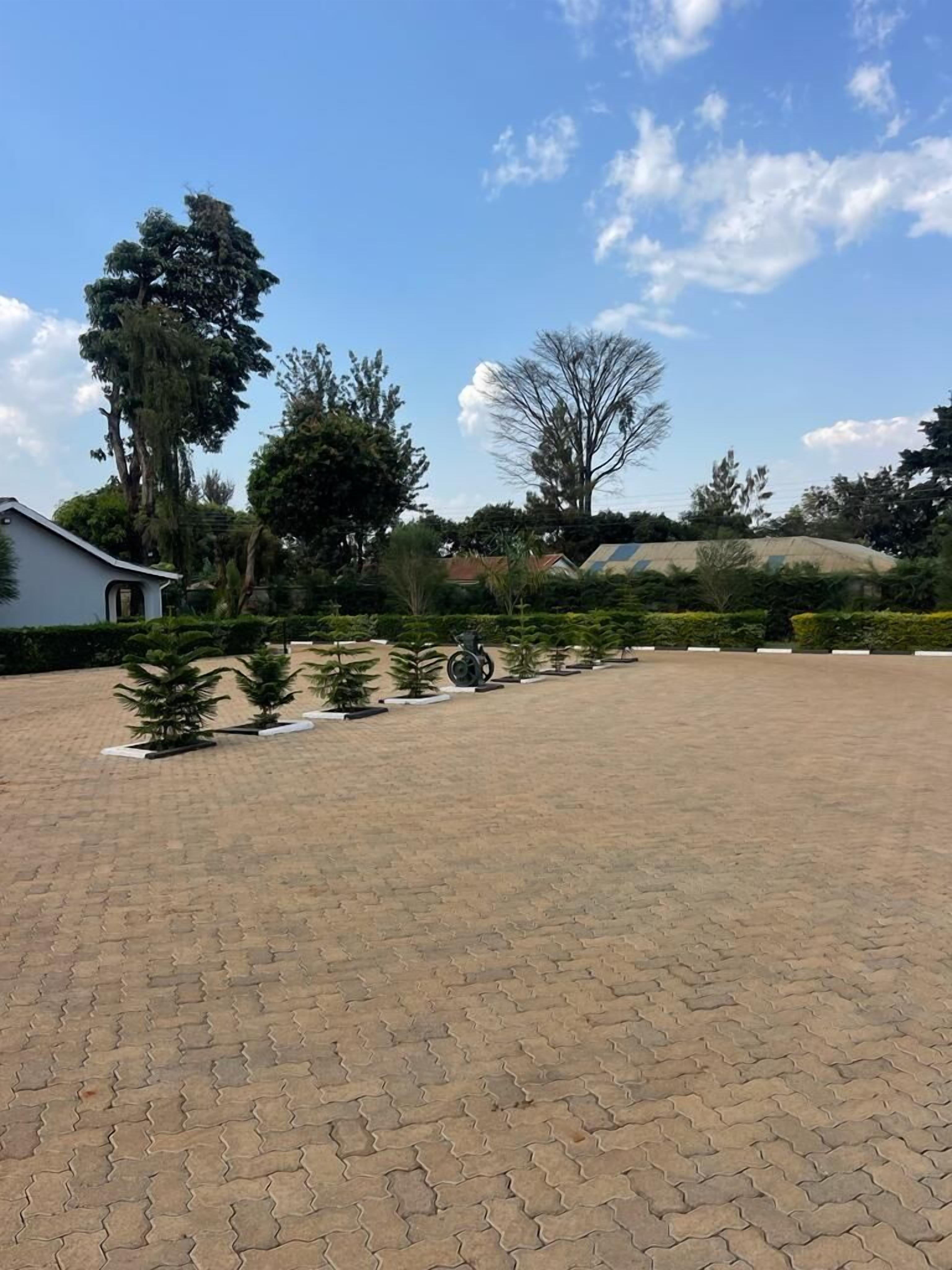 A paved courtyard with a white building on the left, surrounded by trees and shrubs.