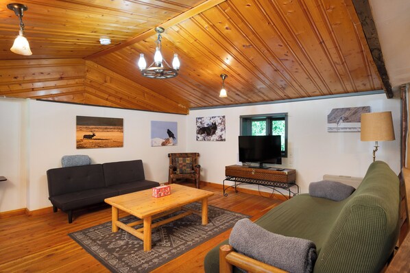 A cozy living room with a wooden ceiling, a black sofa, a green couch, a wooden coffee table, and a television on a stand.