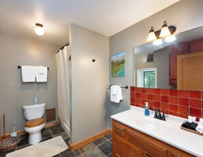 Hair dryer, towels, soap, shampoo