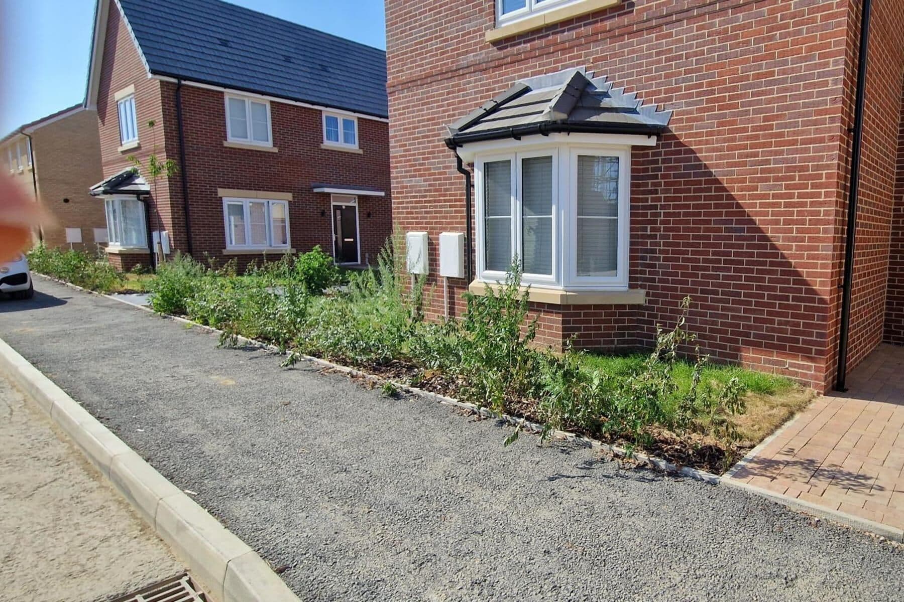 Une rue résidentielle bordée de maisons, avec une allée et un petit jardin.