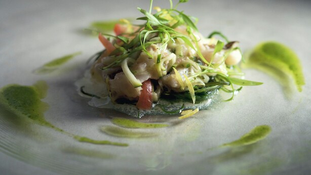 A dish with a green sauce and vegetables on a plate.