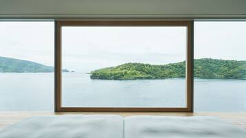 A room with a large window overlooking a body of water and a green island.