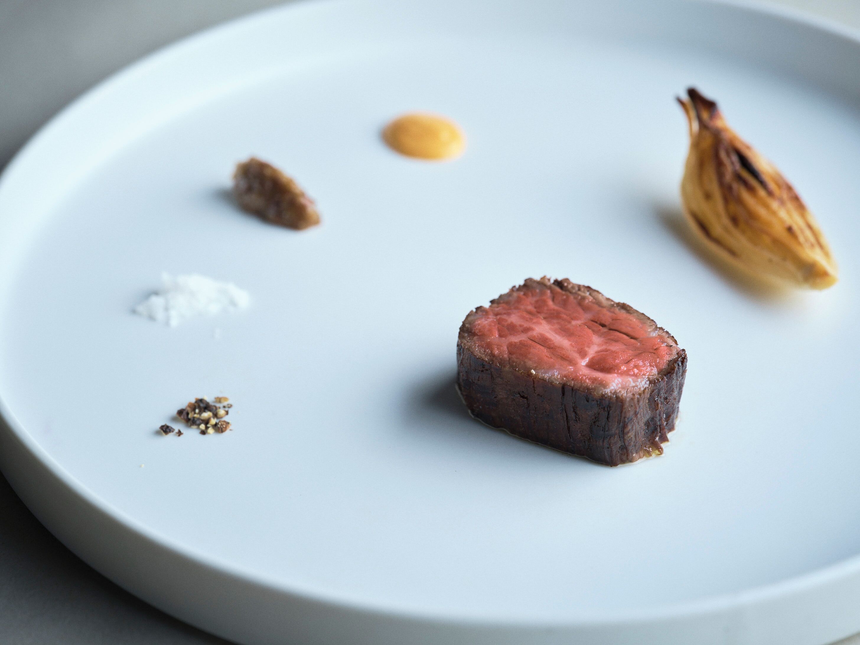 Un plato con un trozo de carne, un poco de salsa y una verdura asada.