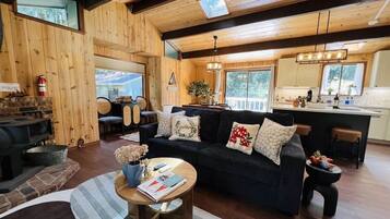 Smart TV, fireplace, books