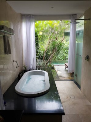 Hair dryer, bidet, towels, soap