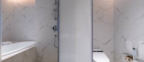 A modern bathroom with a marble shower, a bathtub, and a toilet.
