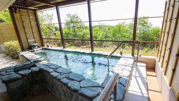 Un espace avec un bain à remous, des marches en pierre et une vue sur la verdure.