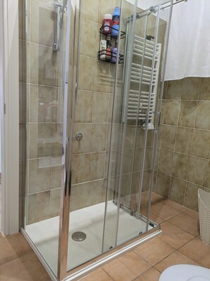Shower, hair dryer, towels, soap