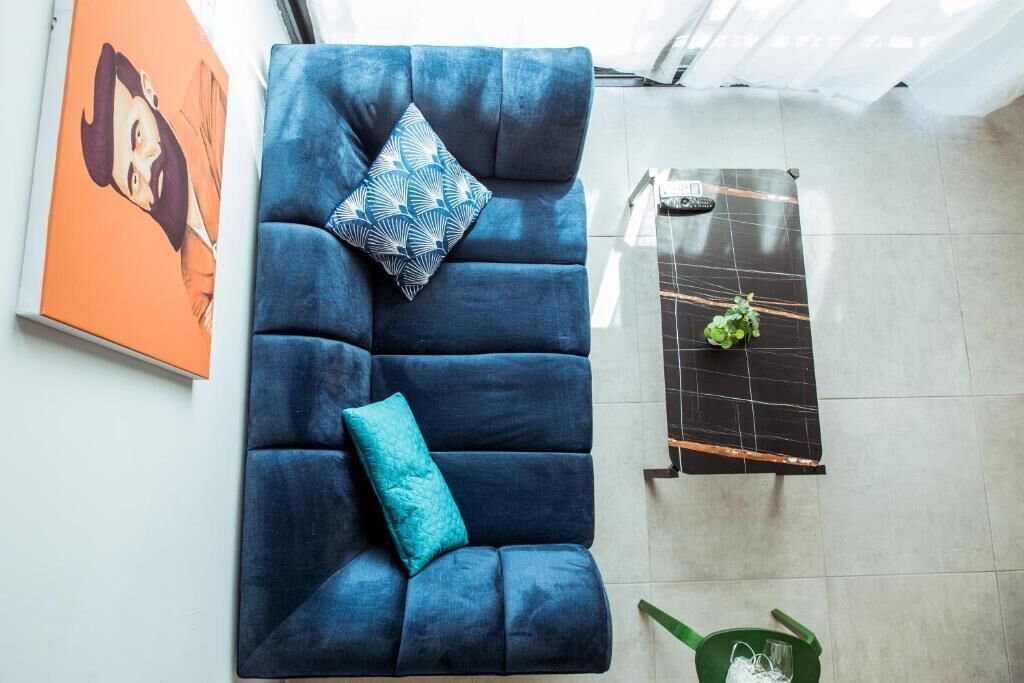 A modern living room with a blue sofa, a patterned pillow, a green plant on a black grid table, and a framed artwork on the wall.