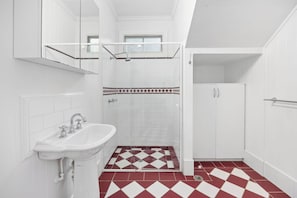 Combined shower/tub, towels