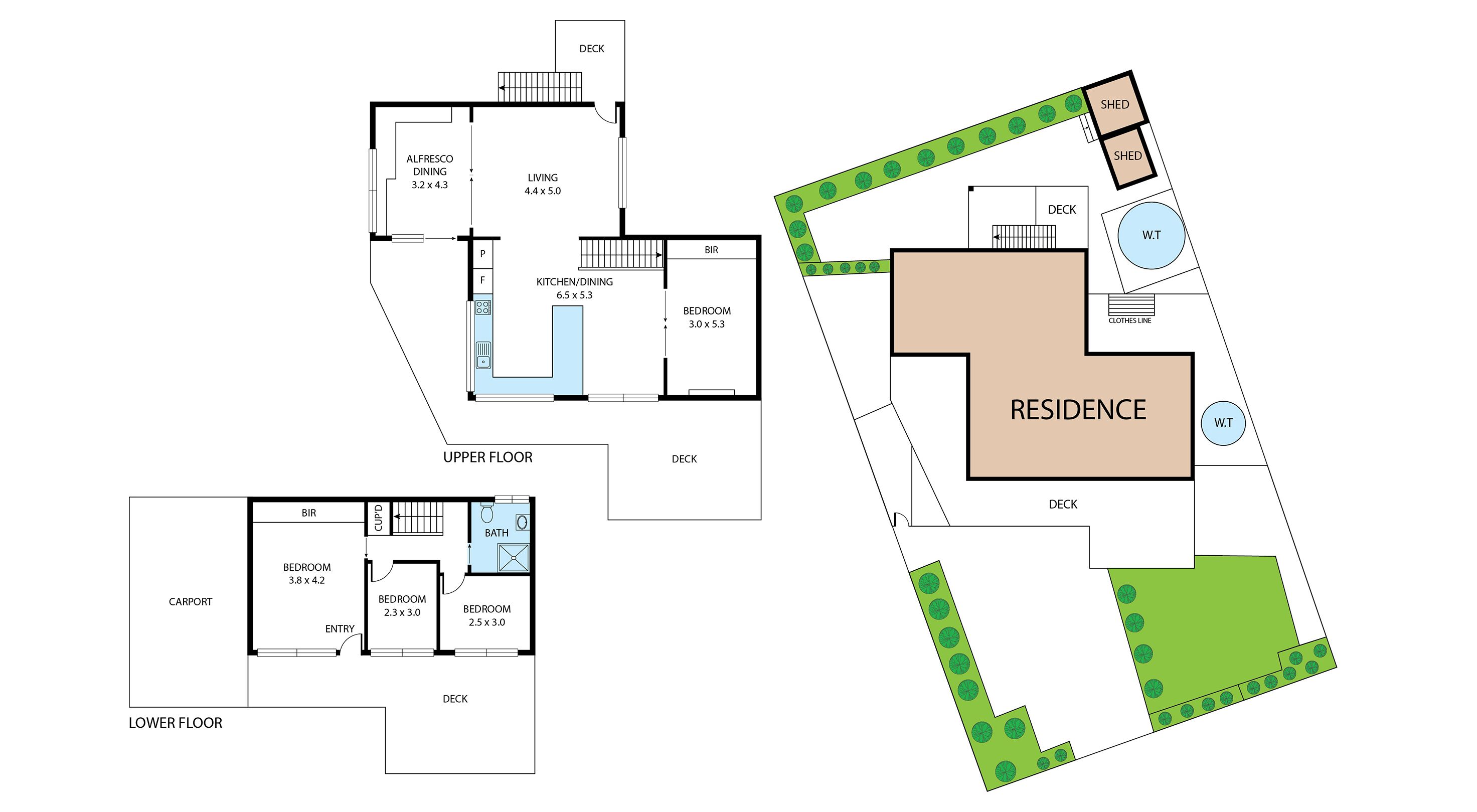 A residence layout with a living room, kitchen, dining, and two bedrooms.