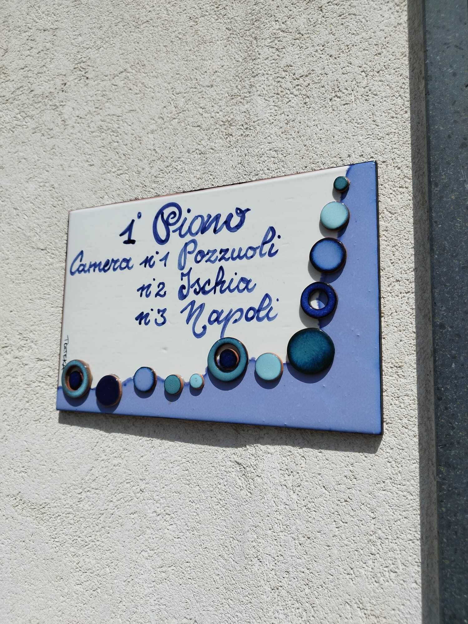 Une pancarte sur un mur portant l'inscription : « 1 Piano Camera n.1 Pozzuoli n.2 Ischia n.3 Napoli ».