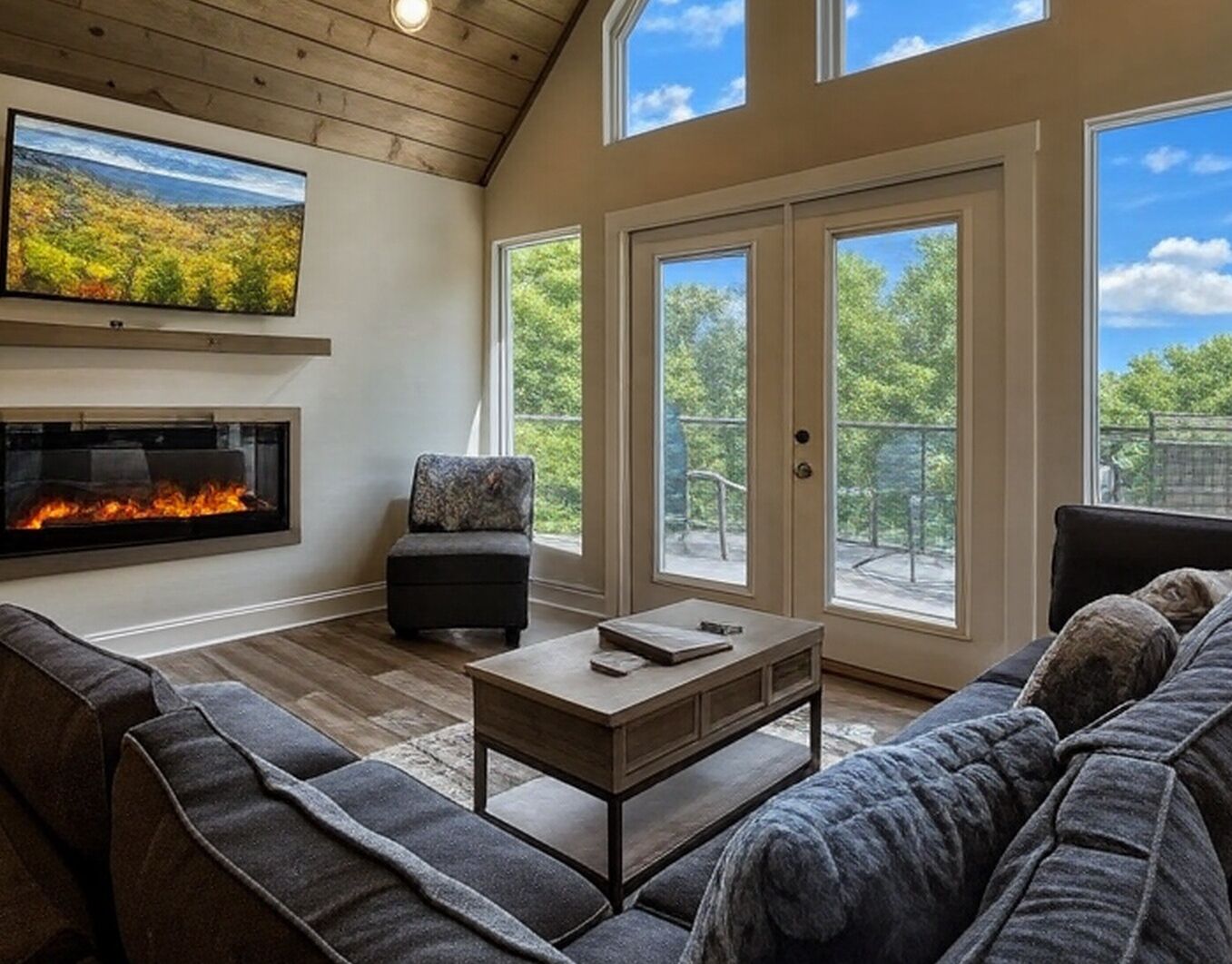 Smart TV, fireplace, video games, foosball