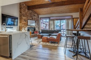 TV connectée, cheminée, livres
