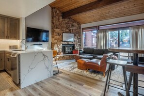 TV connectée, cheminée, livres