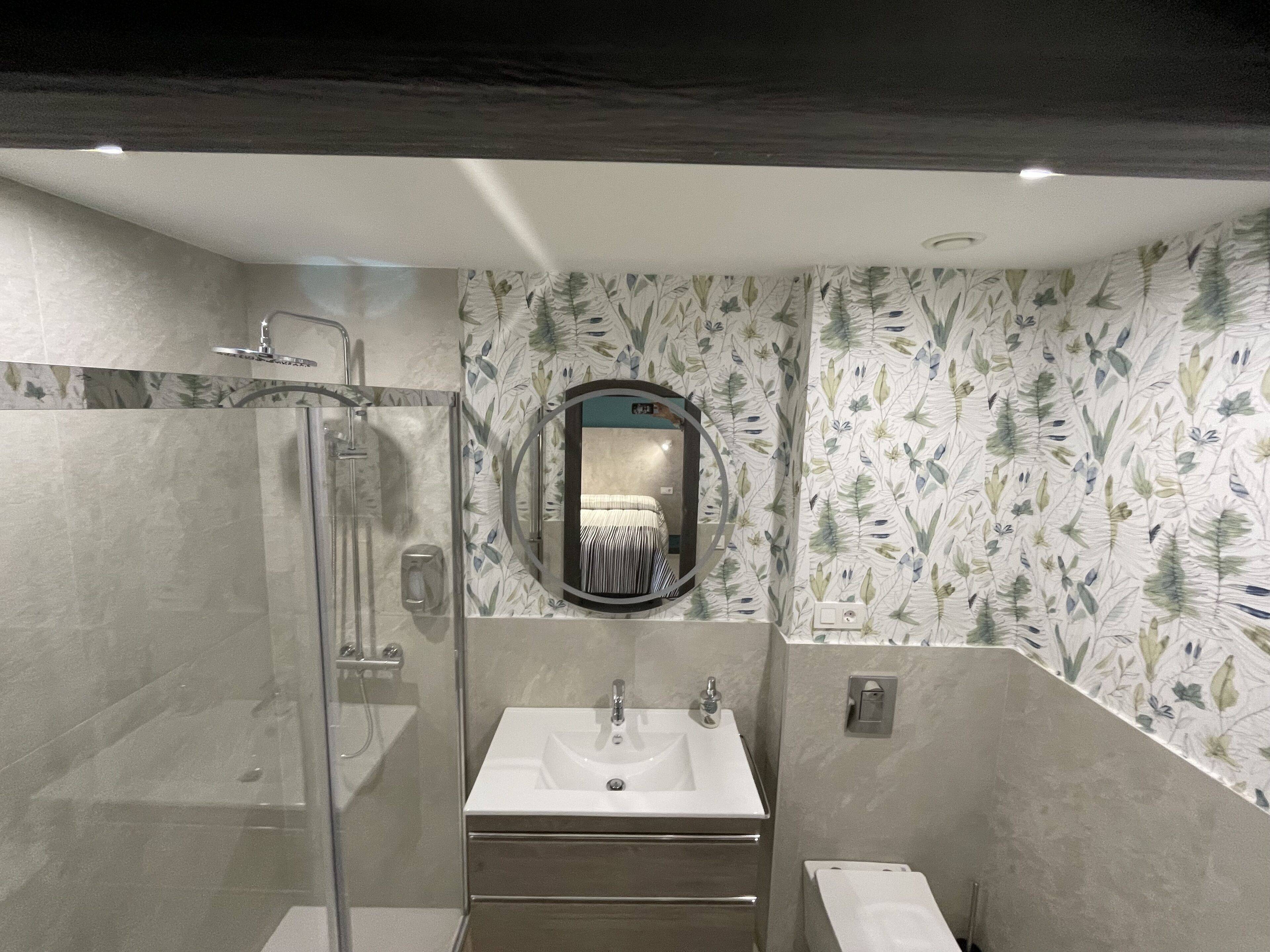 Une salle de bain avec une douche à parois de verre, un lavabo avec un miroir au-dessus et des toilettes.