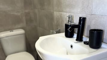 Regadera, secadora de cabello, toallas, papel de baño