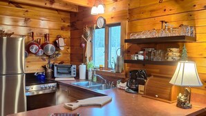 A wooden cabin kitchen with a central island, stainless steel appliances, and a window with a view of trees.